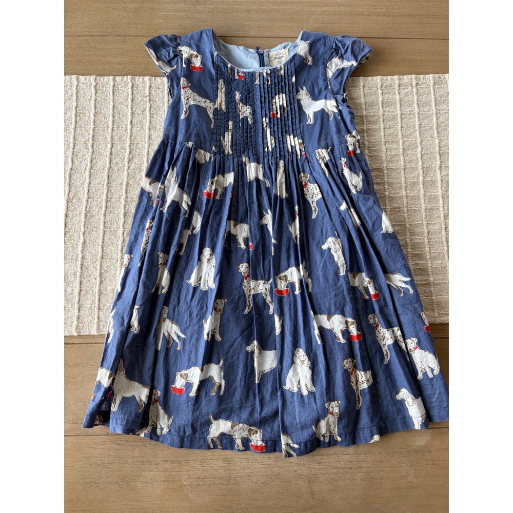 Mini Boden Blue/White Dog Lover's Lined Dress pintuck neckline Sz 7